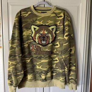 PHAME Creation Camo Panda Chenille Patch Logo Crewneck Sweatshirt, Green,XL